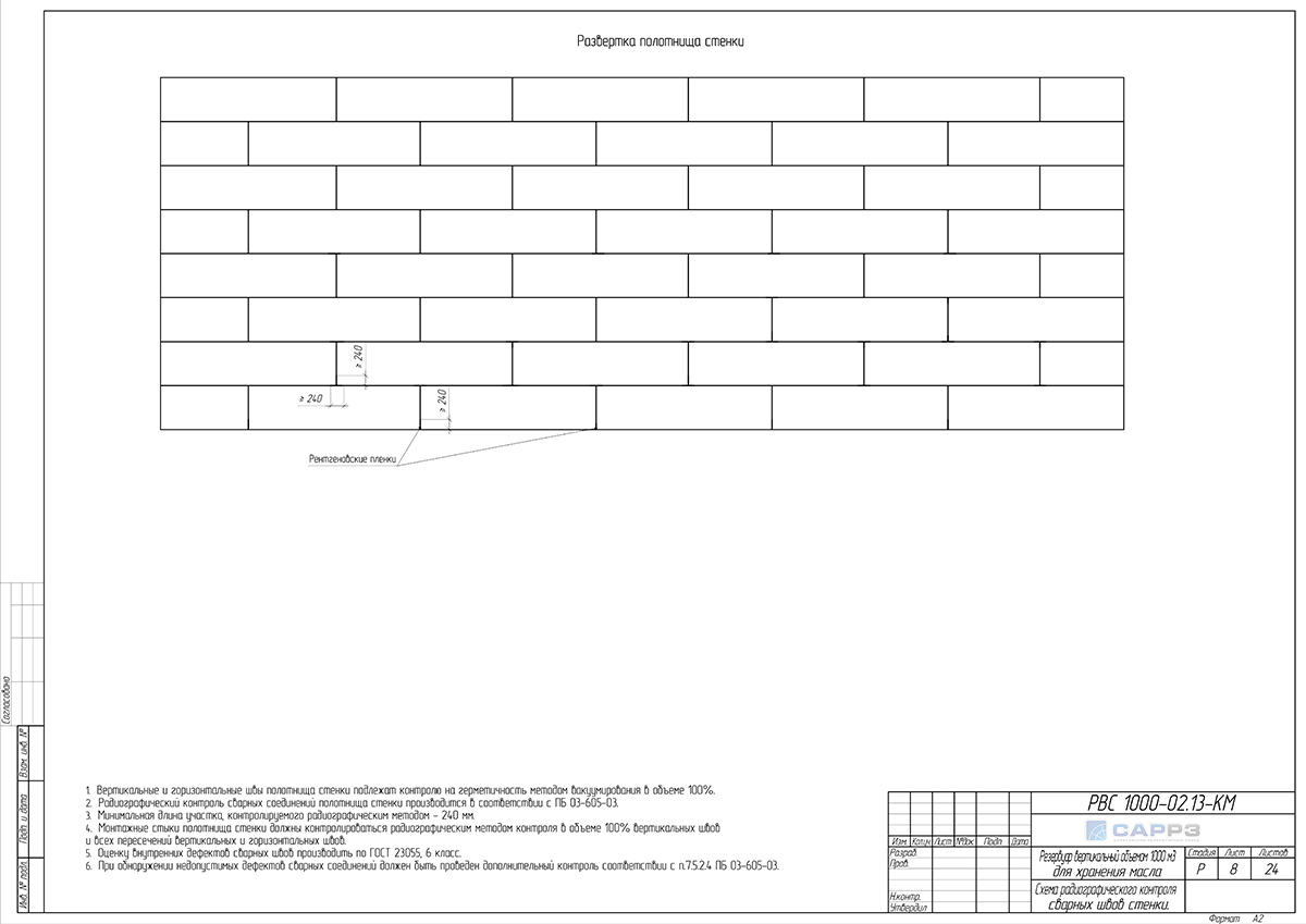 Схема радиографического контроля стенки РВС-1000 м3 в проекте КМ